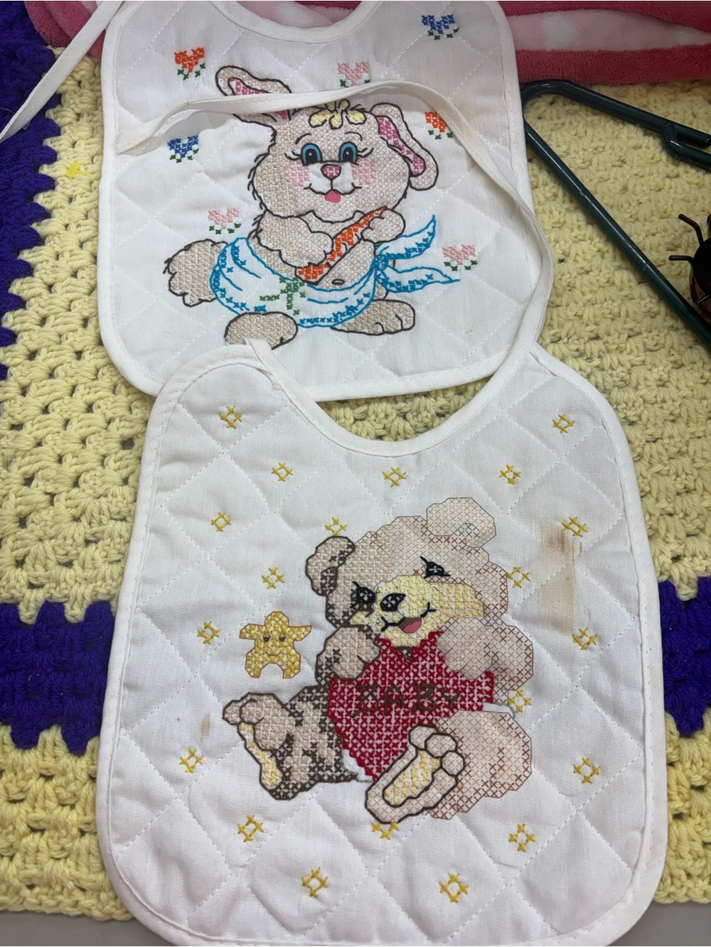 Vintage lot of 2 cross-stitched baby bibs
